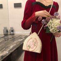 Fairy retro palace style womens bag lace embroidered pearl bag hand-held womens bag fairy gentle and versatile triangle womens bag 【JYUE】