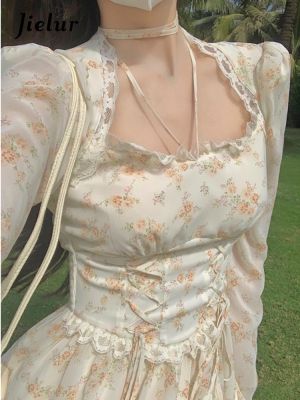 Jielur Spring Elegant Y2K Midi Dress Women Casual Lace One Piece Dress Korean Sweet Vintage Floral Dress Party Long Sleeve