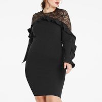 ZZOOI Plus Size 4XL Bodycon Dress Women Lace Long Sleeve Ruffle Black Dress Ladies Evening Party Cocktail Dresses Office Lady Workwear
