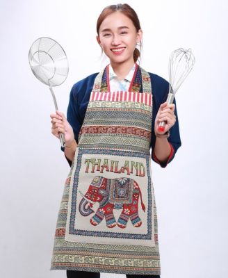 ผ้ากันเปื้อนลายช้างไทย แฟชั่นสวยเก๋ ทำจากผ้าฝ้าย ตัดเย็บประณีต มีกระเป๋าใหญ่พร้อมซิป Thai elephant pattern apron