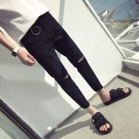 COD SDFERTREWWE 【READY STOCK】Korean Mens Casual Cotton Pants Washed Ripped Broken Hole Jeans Denim