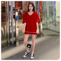 【4Colors40-150kgPlus Size】Oversized Korean Style Women Pure Color T-shirt V-Neck 34 Short Sleeves BIg Loose Tummy Hide Tee Summer Maternity Cloth Slimming Casual Top 100 Soft Cotton Fashion Fat Size Medium-Long Length T-shirt Dress Pajamas