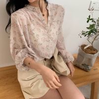 COD DSFERTRETRE korean style women ladies loose chiffon flower long sleeve shirt blouse baju baju wanita lengan panjang