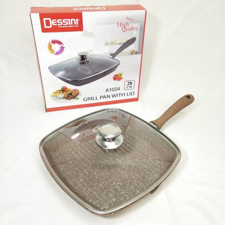 DESSINI GRILL PAN 28 CM WITH GLASS LID SQUARE PAN NON STICK WOK Lazada