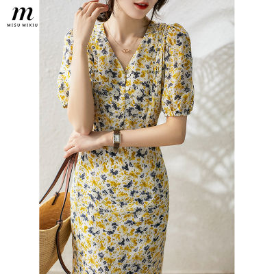 MISUMIXIU Small Fresh Floral Mulberry Silk Puff Sleeve V-neck Dress Womens 2022 Summer New