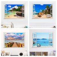 【cw】 Sea Beach 3d Window Wall Stickers Bedroom Decoration Diy Scenery Mural Landscape Pvc Decals ！