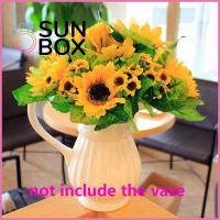 SUN BOX 7 Heads แฟชั่น งานฝีมือ DIY สัมผัสจริง สีเหลืองสดใส ช่อดอกไม้ปลอม ตกแต่งงานแต่งงาน ดอกไม้ประดิษฐ์ ดอกทานตะวันพลาสติก