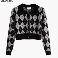 College style POLO collar knitted Sweater Spring long-sleeved black white diamond Sweater cardigan Japanese knitted Top Female