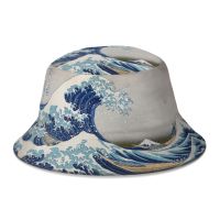 {You have a hat} คลื่นใหญ่ฤดูร้อนปิด Kanagawa Katsushika Hokusai หมวกทรงถังใส่ได้ทั้งชายและหญิงชุดบ๊อบหมวกใส่ตกปลาเด็กผู้หญิงเด็กผู้ชายหมวกสักหลาดขอบโค้ง