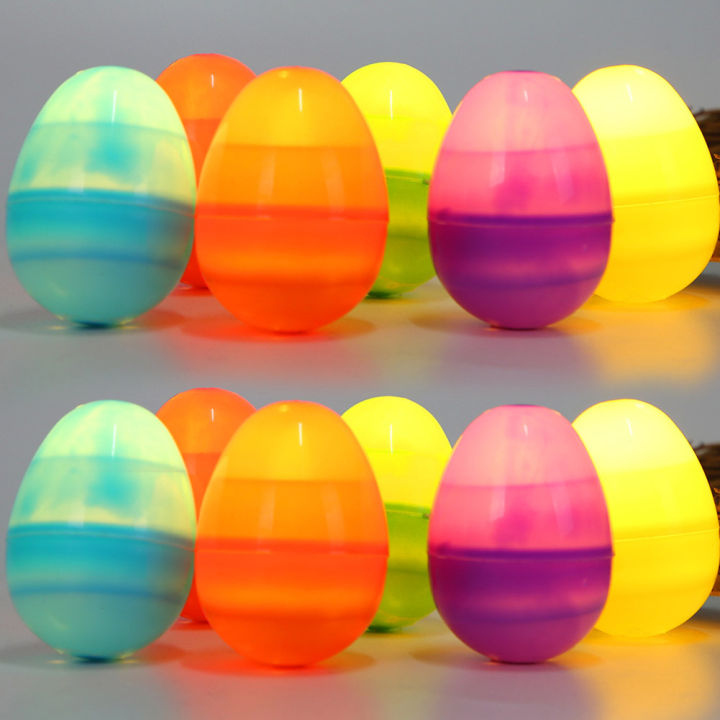 12ชิ้นไข่อีสเตอร์ไฟหลากสีไข่อีสเตอร์เรืองแสงแบตเตอรี่ที่ใช้งานเรืองแสงพลาสติกไข่สีเข้มสำหรับบ้านห้อง
