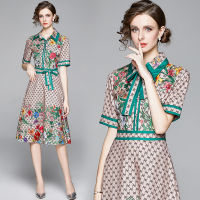 Banulin Fashion Runway Design Summer Dress Womens Short Sleeve Turn Down Neck Bow Letter Floral Print Midi Dress Vestidos