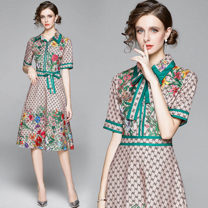 banulin-fashion-runway-design-summer-dress-womens-short-sleeve-turn-down-neck-bow-letter-floral-print-midi-dress-vestidos