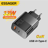 Essager 33W USB Type C ที่ชาร์จความเร็วสูง QC PD 3.0พอร์ตคู่อะแดปเตอร์แบบพกพาขนาดเล็กพอร์ตสำหรับ IPhone 14 13 12 IPad Xiaomi Gan แท่นชาร์จผนังที่รวดเร็ว