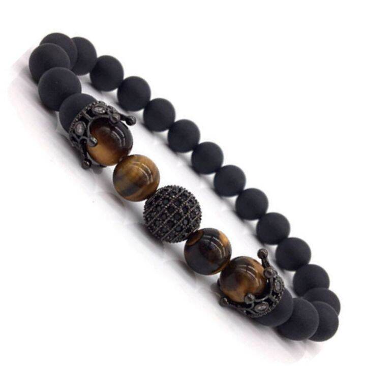 มงกุฎสร้อยข้อมือที่มีเสน่ห์สำหรับผู้หญิง-cz-king-ลูกปัดหินหินโอนิกซ์สีด้านธรรมชาติสำหรับผู้ชายปรับขนาดได้ใหม่ทันสมัย