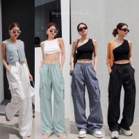 NEW IN? y2k cargo pants (430฿ฟรีส่ง) กางเกงคาร์โก้ขายาวเอวยางยืด แต่งกระเป๋าข้าง ผ้าโพลีเอสเตอร์ กระเป๋าใช้ได้ ป้ายglam