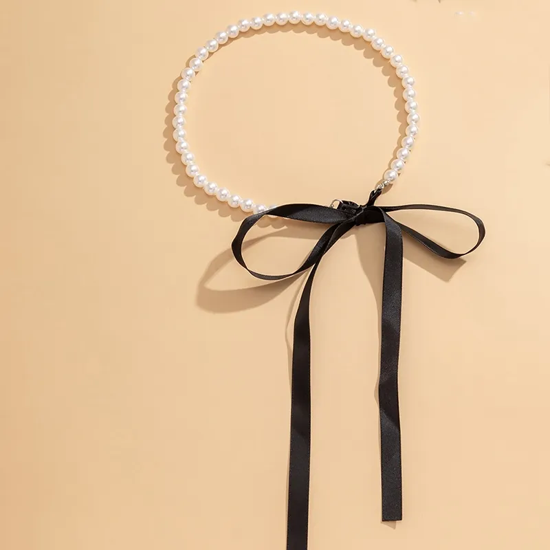 Trend Wedding Party Jewelry Long Black Ribbon Choker Necklace for Women Elegant White Imitation