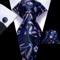 Hi Tie Blue Black Floral Silk Wedding Necktie For Men Handky Cufflink Fashion Designer Tie For Men Business Party Dropshiping