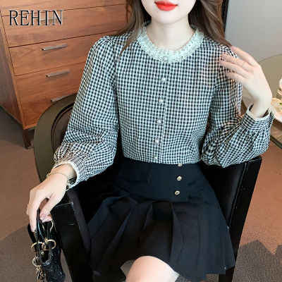 REHIN Women S Top French Retro Round Neck Lace Plaid Long Sleeve Shirt Autumn New Elegant Blouse