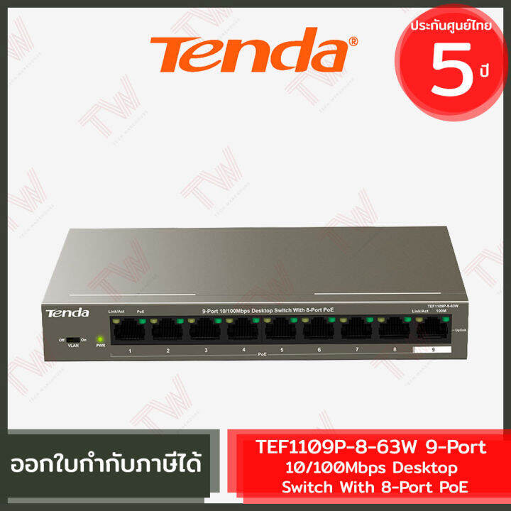 tenda-tef1109p-8-63w-9-port-10-100mbps-desktop-switch-with-8-port-poe-สวิตซ์-ของแท้-ประกันศูนย์-5ปี