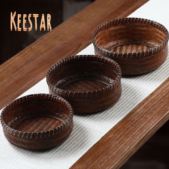 keestar-ตะกร้าผลไม้ไม้ไผ่จีนทรงกลม-ตะกร้าเก็บของใช้ในครัวเรือนตะกร้าเก็บผลไม้ตะกร้าไม้ไผ่คาร์บอนแบบย้อนยุค