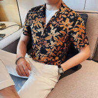 สไตล์เกาหลีแฟชั่นฤดูร้อนบุรุษเสื้อฮาวายแขนสั้นปุ่มพิมพ์ Casual Beach Business V คอเสื้อ Plus ขนาด S-3XL