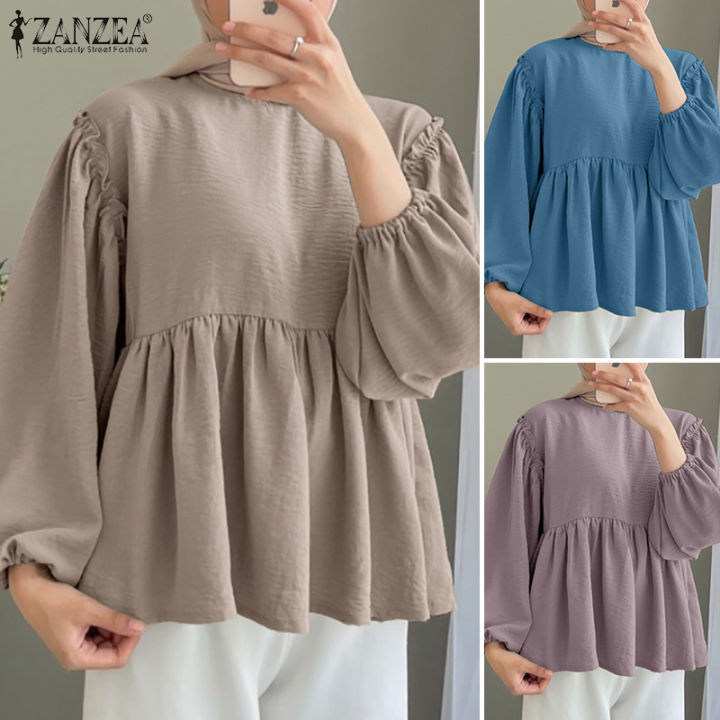 สินค้ามาใหม่-จัดส่งฟรี-fancystyle-zanzea-เสื้อมุสลิมแขนโคมไฟวันหยุดแบบสวมหัว-เสื้อเสื้อเป็นชั้นๆสีพื้น