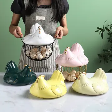 Ceramic Chicken Egg Storage | Mesh Wire Egg Basket with Chicken Top