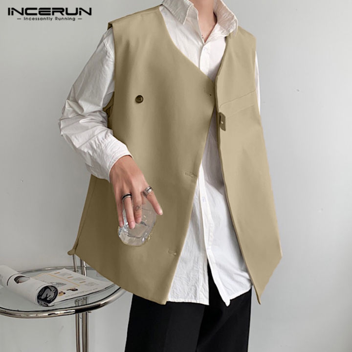 incerun-เสื้อแขนกุดสำหรับผู้ชายเสื้อโค้ทเสื้อกั๊กลำลองติดกระดุมเสื้อแจ็คเก็ตเสื้อ-สไตล์เกาหลี