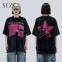 SEZO เสื้อยืดแขนสั้นแบบคู่พิมพ์ลายดาว,เสื้อผ้าคอตตอน Y2k เกาหลี