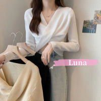 Luna shop?（พร้อมส่งจากกทม มาถึงใน 3-5 วัน）?เสื้อถัก?สไตล์เกาหลี แขนยาว เสื้อกันหนาวคอวี สีทึบ สีขาว เสื้อครอป เสื้อกันหนาว เสื้อ เสื้อไหมพรม