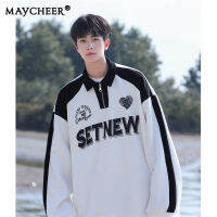 MAYCHEER เสื้อสเวตเชิ้ตผู้ชาย,เสื้อโปโลบล็อกสีพิมพ์ลายแขนยาวหลวมคอปก