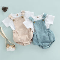 Strappy Romper Suit Ribbed Round Neck Short Sleeve T-Shirt Tops + Adjustable Straps Romper Two Piece Set