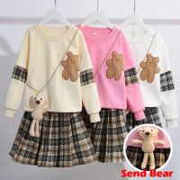 3-14 Years Teenager Girls Outfits Cute Bear Sweatshirt + Plaid Skirt 2Pcs Suit For Girls Birthday Present Children Clothing Sets