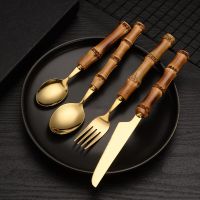 Bamboo Handle Tableware Spoon Fork Kinfe Dessert Steak Stainless Steel Dinnerware Cutlery Kit Student Travel Kitchen Accessories Flatware Sets