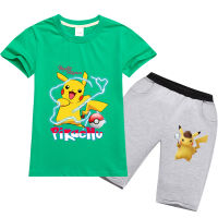 Pokémons Pikachu ชุดเสื้อผ้าเด็กชายหญิงผ้าฝ้ายแขนสั้นชุดกางเกงขาสั้นเด็กการ์ตูน0000สำหรับฤดูใบไม้ร่วง