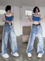 เสื้อคลุมขนาดใหญ่ high street splicing wash water ripped jeans women straight summer high waist design Loose wide leg mopping pants