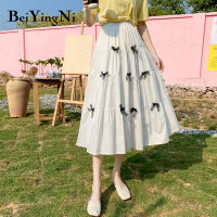 Beiyingni 2022 Kawaii Skirt Women Bow White Black Korean Chic Elastic Waist A-line Midi Pleated Skirts Summer Fashion Skirt Girl