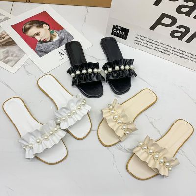 Pearl one word slippers womens new 2022 summer fashion wear Korean version lotus leaf sweet beach sandals