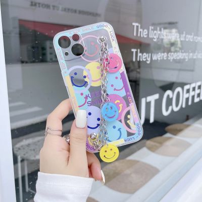 「16- digits」ภาพวาดสีน้ำมันกราฟฟิตีดอกไม้น่ารักโซ่เคสโทรศัพท์สำหรับ iPhone 13 Mini 12 11 ProMax 7 8 6 Plus XS Max พร้อมสายคล้องมือยิ้ม