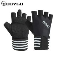 [Rear Waves] GOBYGO ถุงมือยกน้ำหนัก Anti Slip Breathable Extended BracersFitness Training ProtectHalf Finger Gloves Unisex