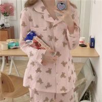 Pajamas 100 Cotton Gauze Vertical Stripes Lovely Bear Wear Long Sleeve Pajamas Set Turn-Down Collar leisure Wear Home pajamas