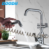 DOODII Kitchen Faucet Pull Out Side Spray Dual Spout Single Handle Mixed Tap 360 Rotation Crane 2 Outlet Water Mixer Torneira