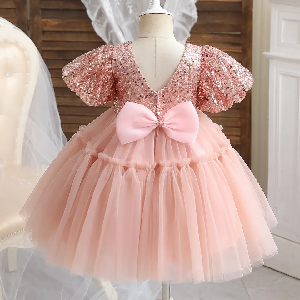 Pink Ankle Length Beaded Princess Flower Girl Dresses Jewel Neck Sleev —  Bridelily