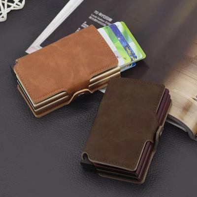 ◑✚▧ Casekey Anti-theft Men Wallet double Aluminum Leather Credit Card Holder Metal Pop Up Purse ID Cardholder