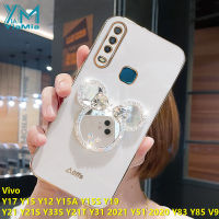 YiaMia Minnie Mirror Phone Case สำหรับ VIVO Y17 Y15 Y12 1901 1902 1904 Y15A Y15S Y01 Y19 Y21 Y21S Y33S Y21A Y21T Y33T Y31 2021 Y51 2020 Y83 Y85 V9ตรงขอบ Electroplating นุ่มซิลิโคนโทรศัพท์กับ Rhinestone Minnie ที่วางกระจกแต่งหน้า