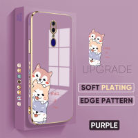 เคสสำหรับ F11 OPPO ฟรีสายคล้อง OPPO F11 Pro + เคสขอบสี่เหลี่ยมการ์ตูนสุนัขแมวชุบหรูหราเคสโทรศัพท์นิ่ม