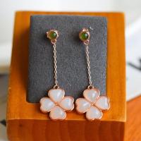 Natural White Jade Four-leaf Clover Dangle Earrings 925 Sterling Silver Rose Gold Hetian Jade Nephrite Flower Drop Earring Women