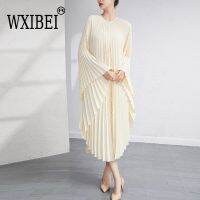 WXIBEI Fashion Women Dress Spring 2023 New Senior Sense Irregular Pleated Batwing Sleeve V neck Loose Solid Dresses Female FC428