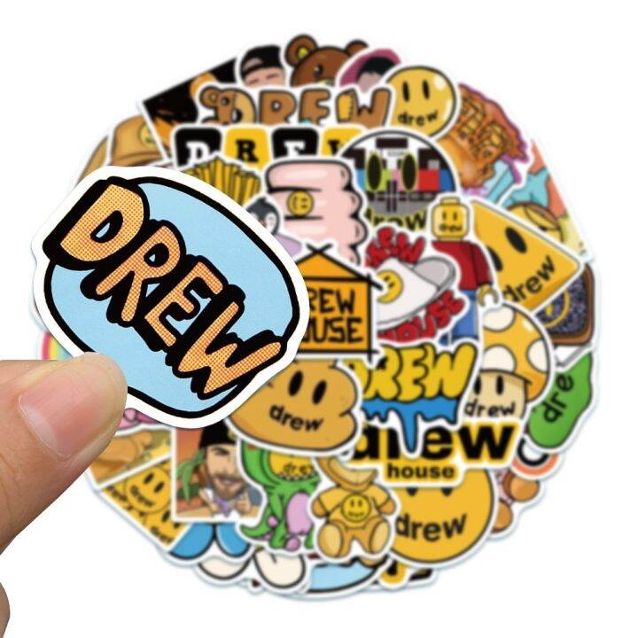 50pcs-famous-drew-fashion-justin-bieber-drew-waterproof-sticker-skateboarding-snowboard-retro-vinyl-sticker-graffiti-notebook-sticker