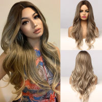 ALAN EATON Long Water Wave Women Wigs Middle Part Ombre Black Brown Blonde Ash Highlight Synthetic Hair Wig Heat Resistant Fibre